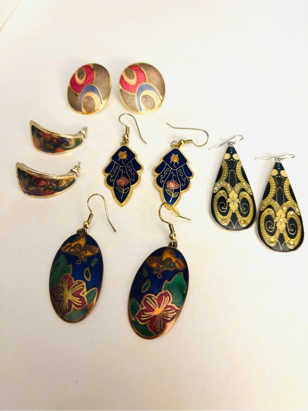 Lot of 5 Pairs  Vintage Cloisonné  Enamel Floral, Butterfly & Abstract Earrings